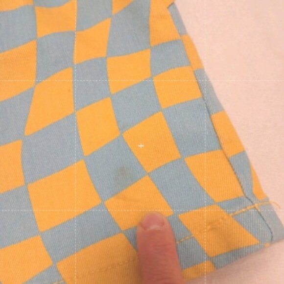 Forever 21 Denim Overall Dress Women Sz L Blue Yellow Check Stretch Mini Skirt - Picture 16 of 16